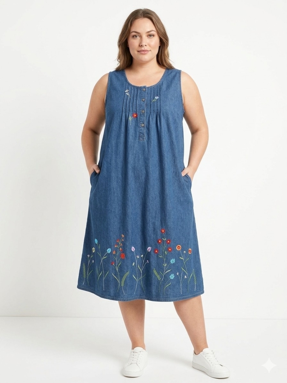 100%cotton Blue Denim Midi Dress with Floral Embroidery